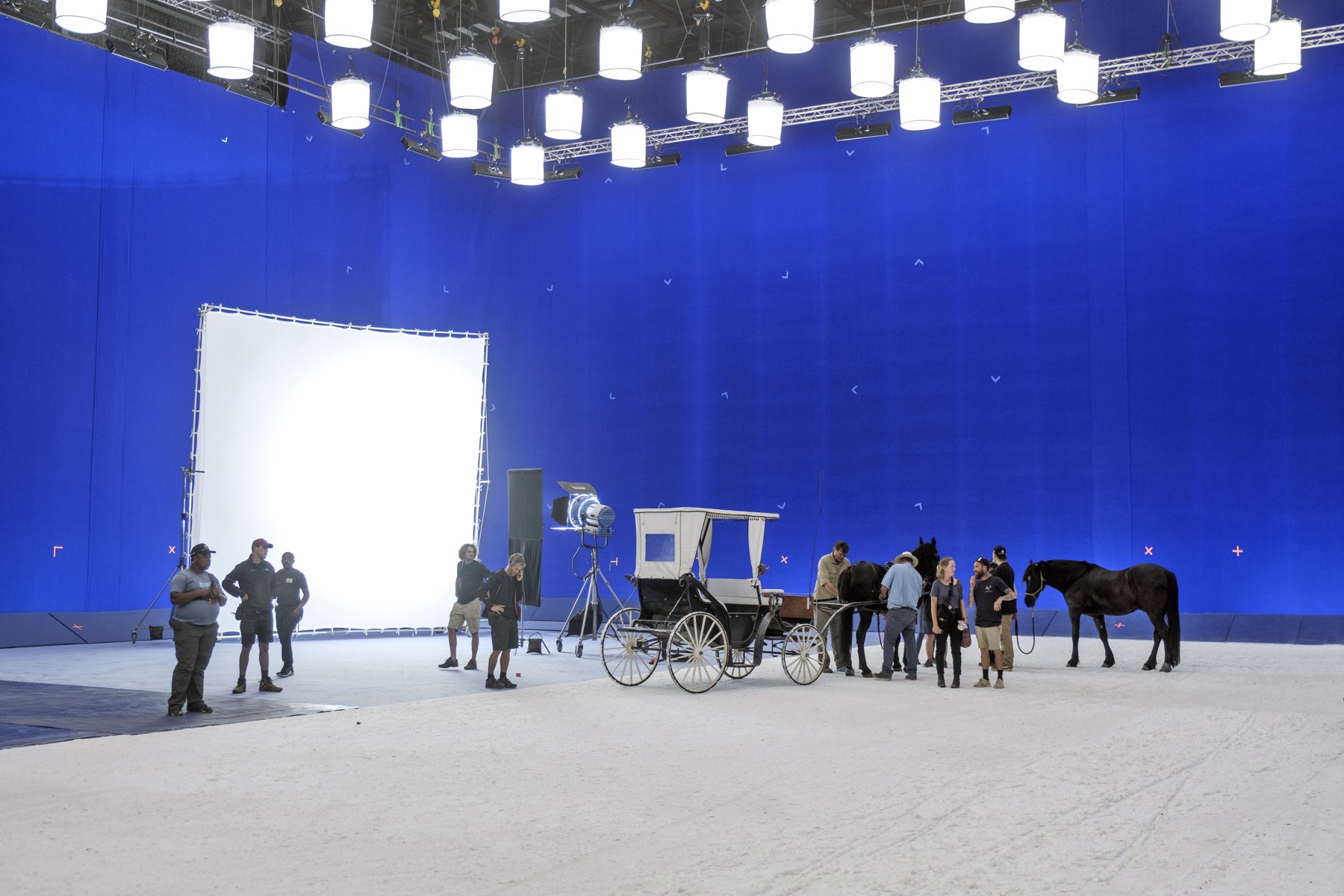 The Black Beauty crew and horses on the Central Park blue-screen set